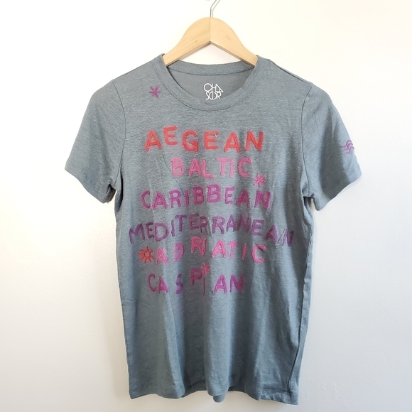 New Anthopologie x Chaser Seas Embroidered Print Linen Blend Tee NWT Small - Picture 5 of 11